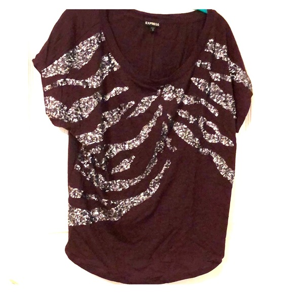 Express Sparkly Maroon and Silver Tee - Picture 1 of 5